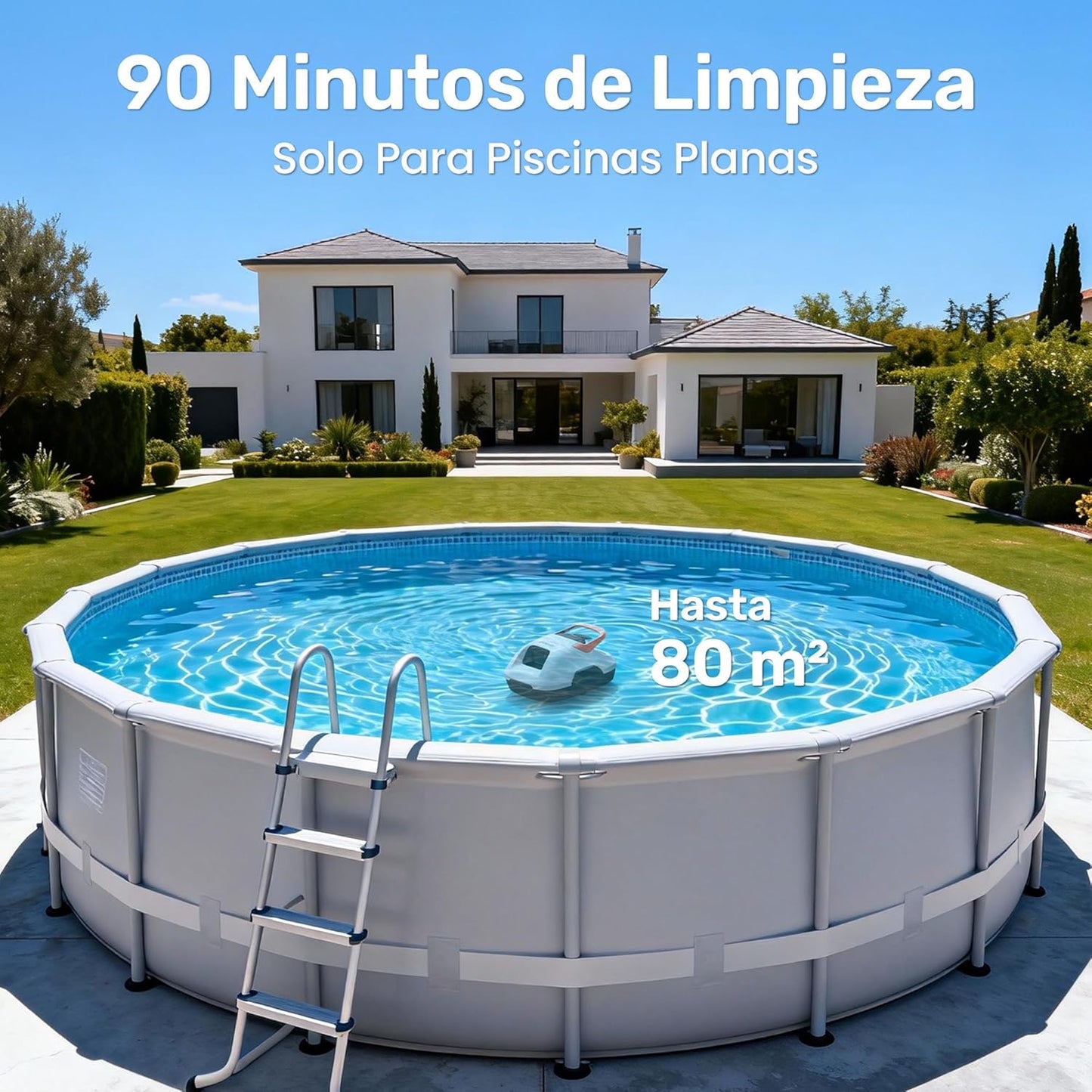 Limpiafondos Piscina Automático,con Filtración de 180μm,con 90 Minutos de Autonomía,Tiene Autoaparcamiento,para Piscinas de 80m² sobre el Suelo y Subterráneas Planas,Blanco Naranja