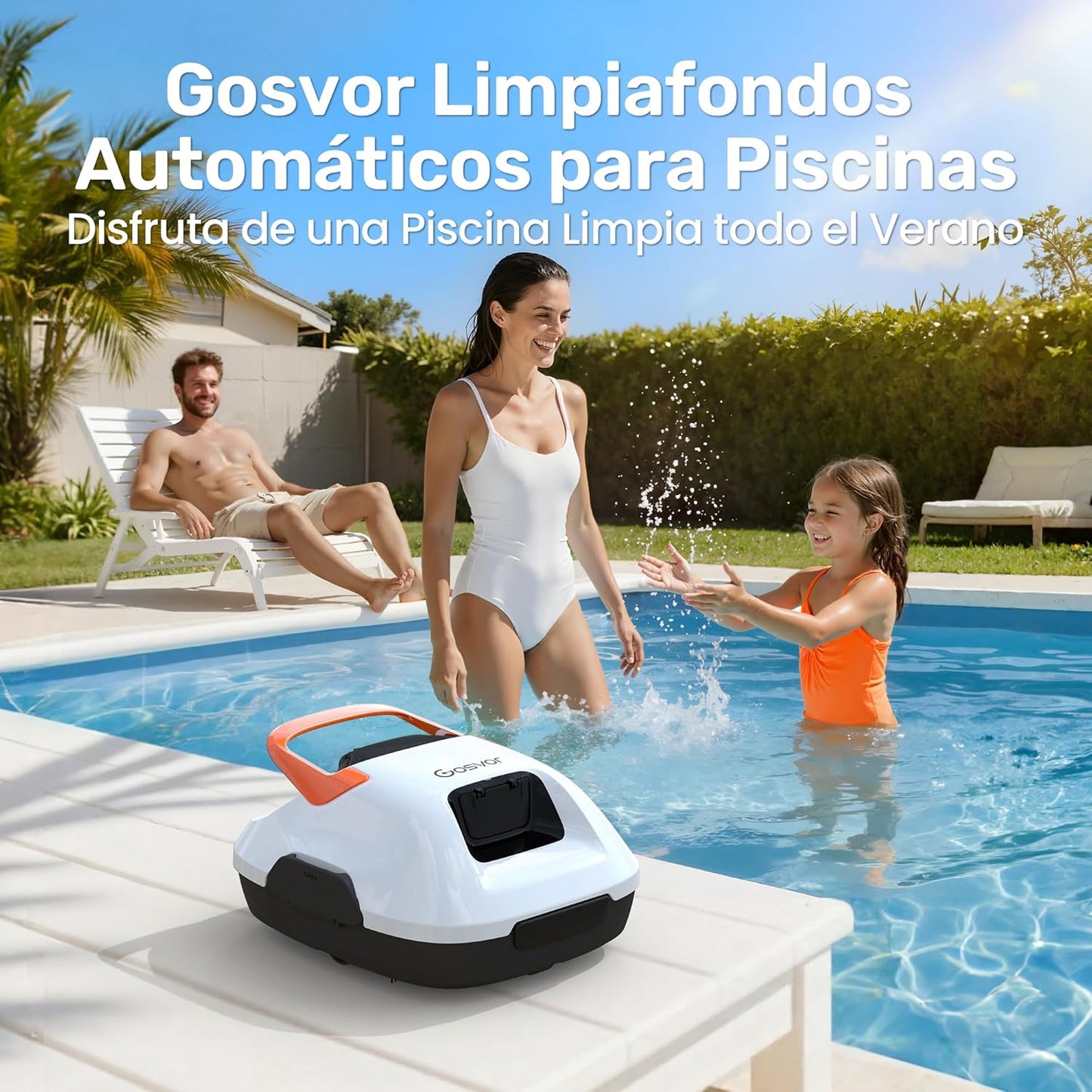Limpiafondos Piscina Automático,con Filtración de 180μm,con 90 Minutos de Autonomía,Tiene Autoaparcamiento,para Piscinas de 80m² sobre el Suelo y Subterráneas Planas,Blanco Naranja