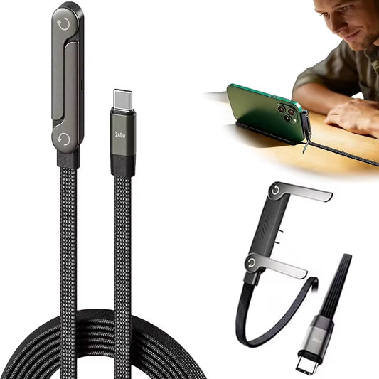 Nuevo Diseño, Cable cargador  Trenzado de Nailon Tipo-C 2 en 1 de 5 pies y 240 W con Carga Rápida, Soporte para Teléfono con Ángulo de 90 Grados y Rotación de 360 Grados, 1.50 m