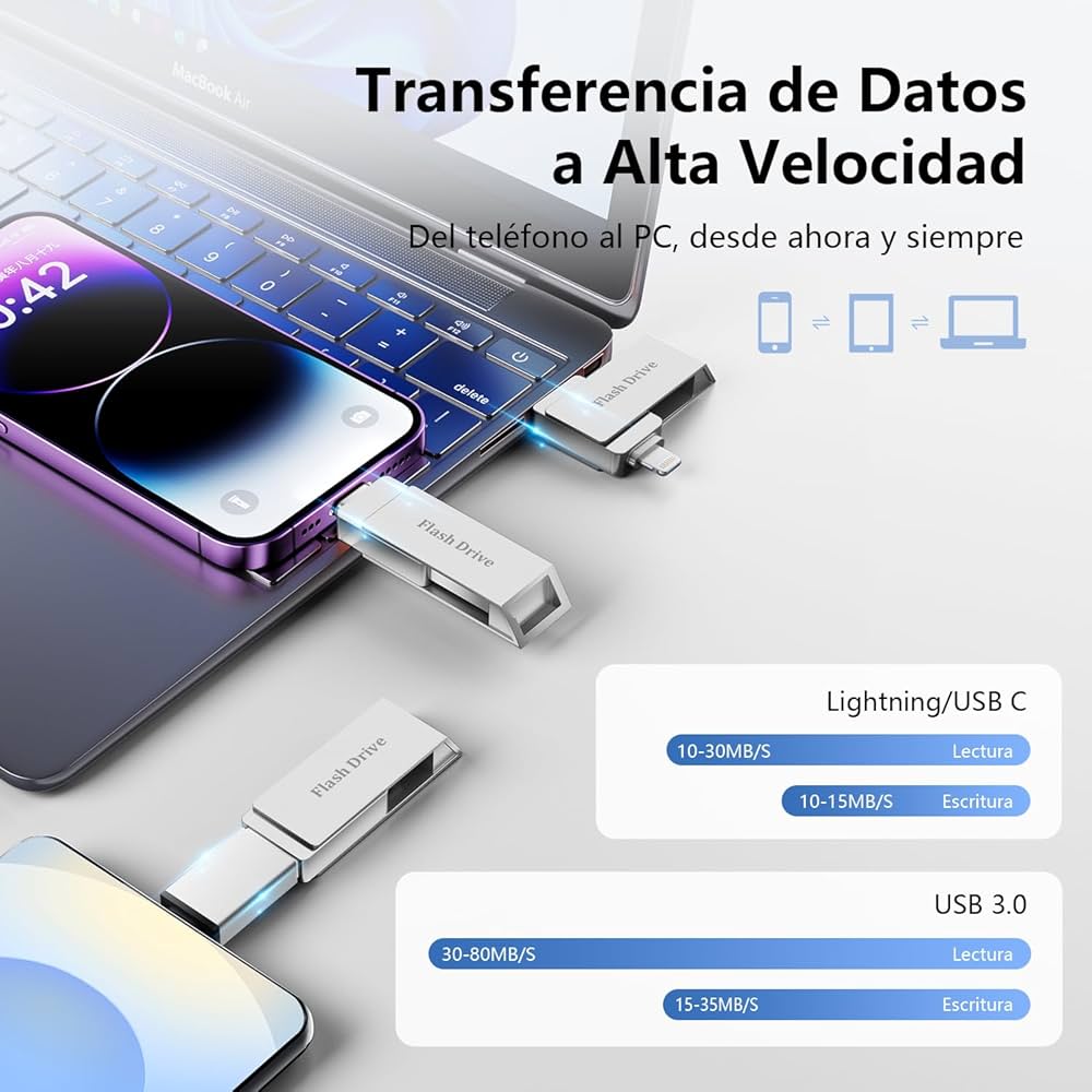 Pendrive 128GB para iPhone y android True-Capacity, USB 3.0 MFi Lightning Certificada por Apple, Unidad USB-C, Memoria USB Externo para iPhone, iPad, y android Smartphones OTG-Android, Mac, Tablet y PC 3-en-1