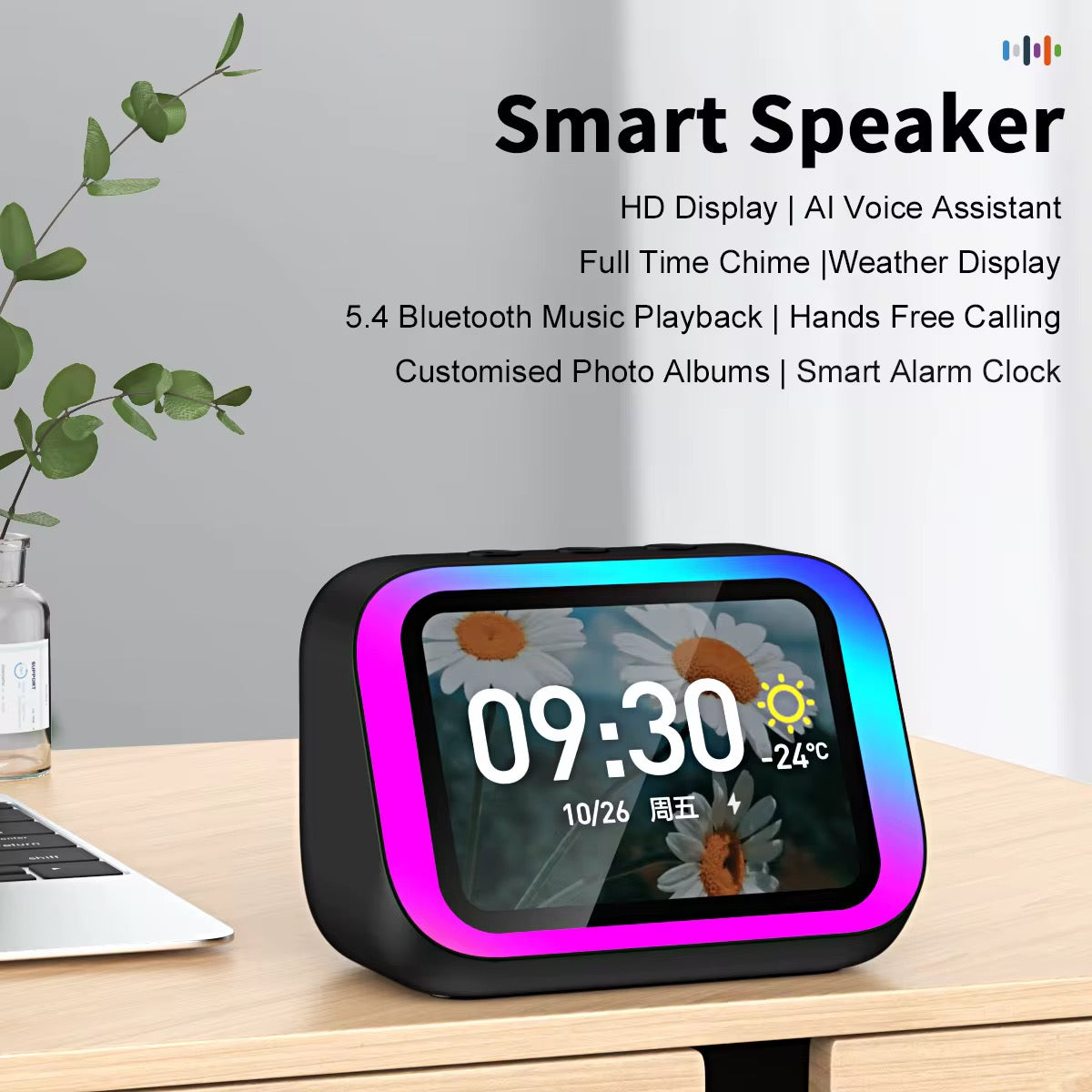 Altavoz inteligente Al con control de voz, pantalla LED y sonido de alta calidad, altavoz con función de reloj despertador