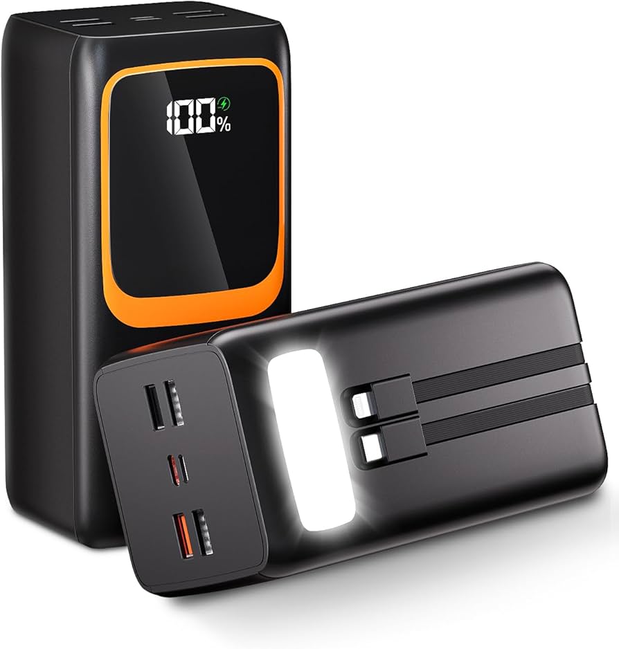 Batería externa de 50000 mAh con cable integrado: batería externa de alta capacidad de carga rápida de 22,5 W, cargador portátil con linterna LED y 7 salidas y 3 entradas.