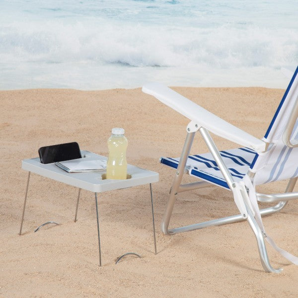 Mesa de playa plegable con posavasos
