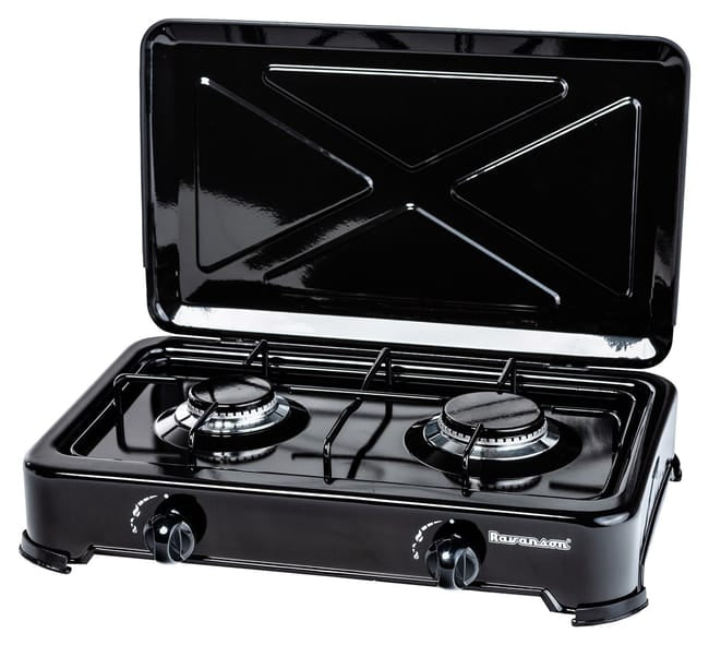 Hornillo de gas, dos fuego con tapadera Encimera de gas Ravanson K-02TB [negro; 2 zona(s)]