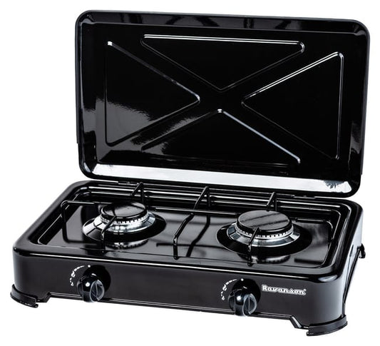 Hornillo de gas, dos fuego con tapadera Encimera de gas Ravanson K-02TB [negro; 2 zona(s)]