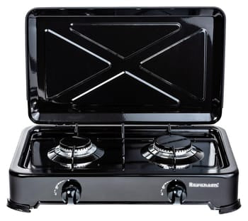 Hornillo de gas, dos fuego con tapadera Encimera de gas Ravanson K-02TB [negro; 2 zona(s)]