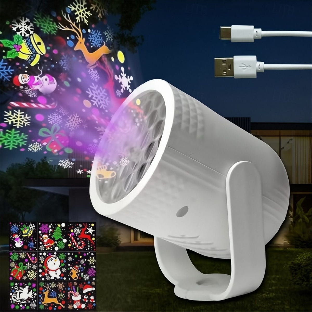 Proyector de luces navideñas, USB, proyector de decoración con 6 patrones, adecuado para sala de estar, habitación, patio