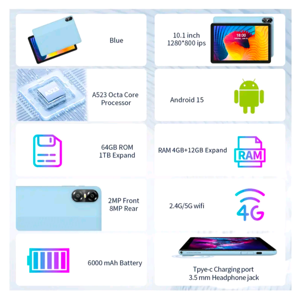 RITOM tableta de 10,1" con Android 16 – 16 GB de RAM y 64 GB de almacenaje, funda con teclado incluida, batería de 6000 mAh, doble configuración de cámaras, ideal para estudio y tareas diarias