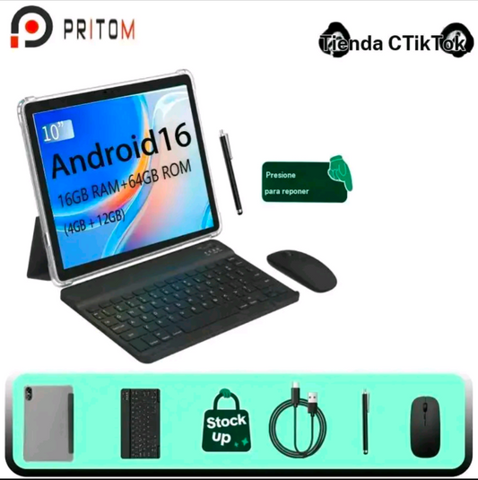 RITOM tableta de 10,1" con Android 16 – 16 GB de RAM y 64 GB de almacenaje, funda con teclado incluida, batería de 6000 mAh, doble configuración de cámaras, ideal para estudio y tareas diarias