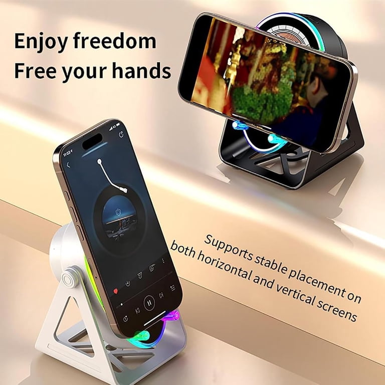 Altavoz Inalámbrico Bluetooth de Inducción 5 en 1 con Soporte para Teléfono, Carga Inalámbrica, Compatible con Dispositivos de 4-13 Pulgadas, Altavoz de Inducción con Iluminación RGB de 1800mAh, Cargador Rápido Compatible con iPhone