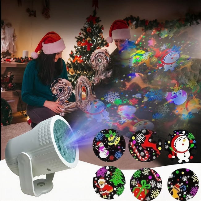 Proyector de luces navideñas, USB, proyector de decoración con 6 patrones, adecuado para sala de estar, habitación, patio