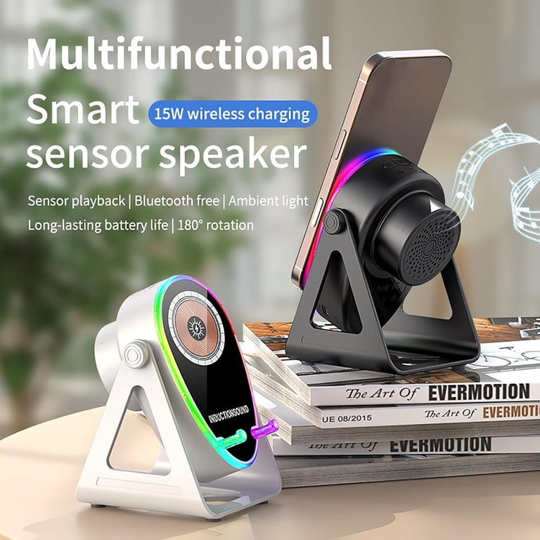 Altavoz Inalámbrico Bluetooth de Inducción 5 en 1 con Soporte para Teléfono, Carga Inalámbrica, Compatible con Dispositivos de 4-13 Pulgadas, Altavoz de Inducción con Iluminación RGB de 1800mAh, Cargador Rápido Compatible con iPhone