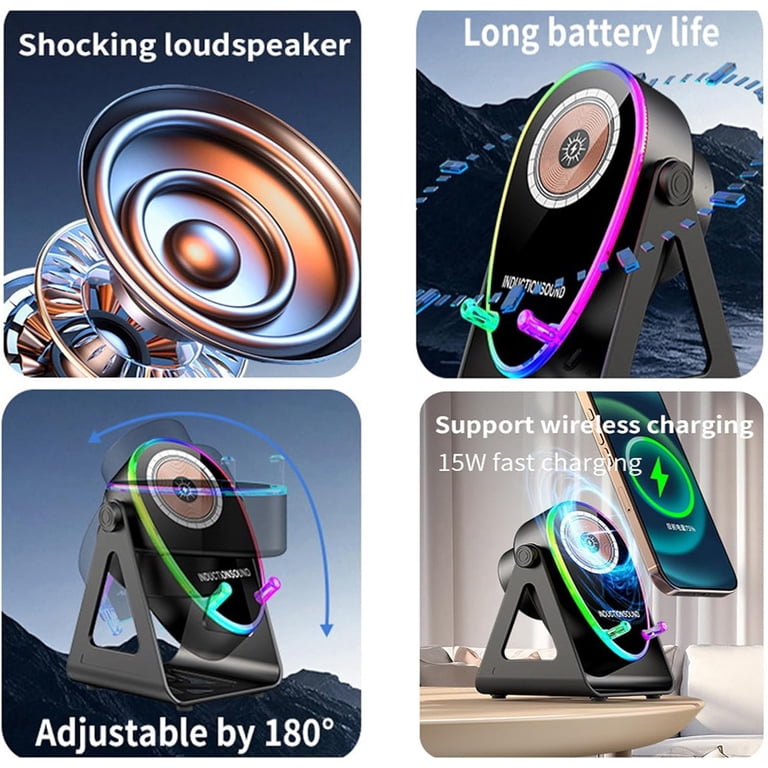 Altavoz Inalámbrico Bluetooth de Inducción 5 en 1 con Soporte para Teléfono, Carga Inalámbrica, Compatible con Dispositivos de 4-13 Pulgadas, Altavoz de Inducción con Iluminación RGB de 1800mAh, Cargador Rápido Compatible con iPhone